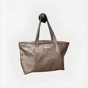 Authentic GUCCI GG Imprime Handbag Tote & Dustbag-Metallic Bronze-Excellent Cond